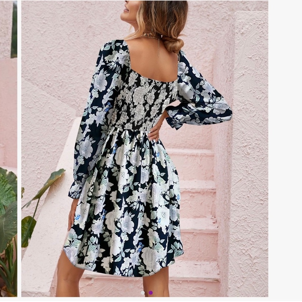 Black, floral, square neck dress